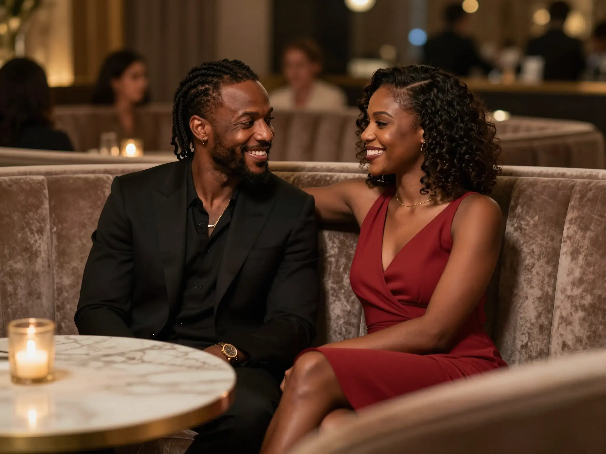 Couple smiling at dinner
